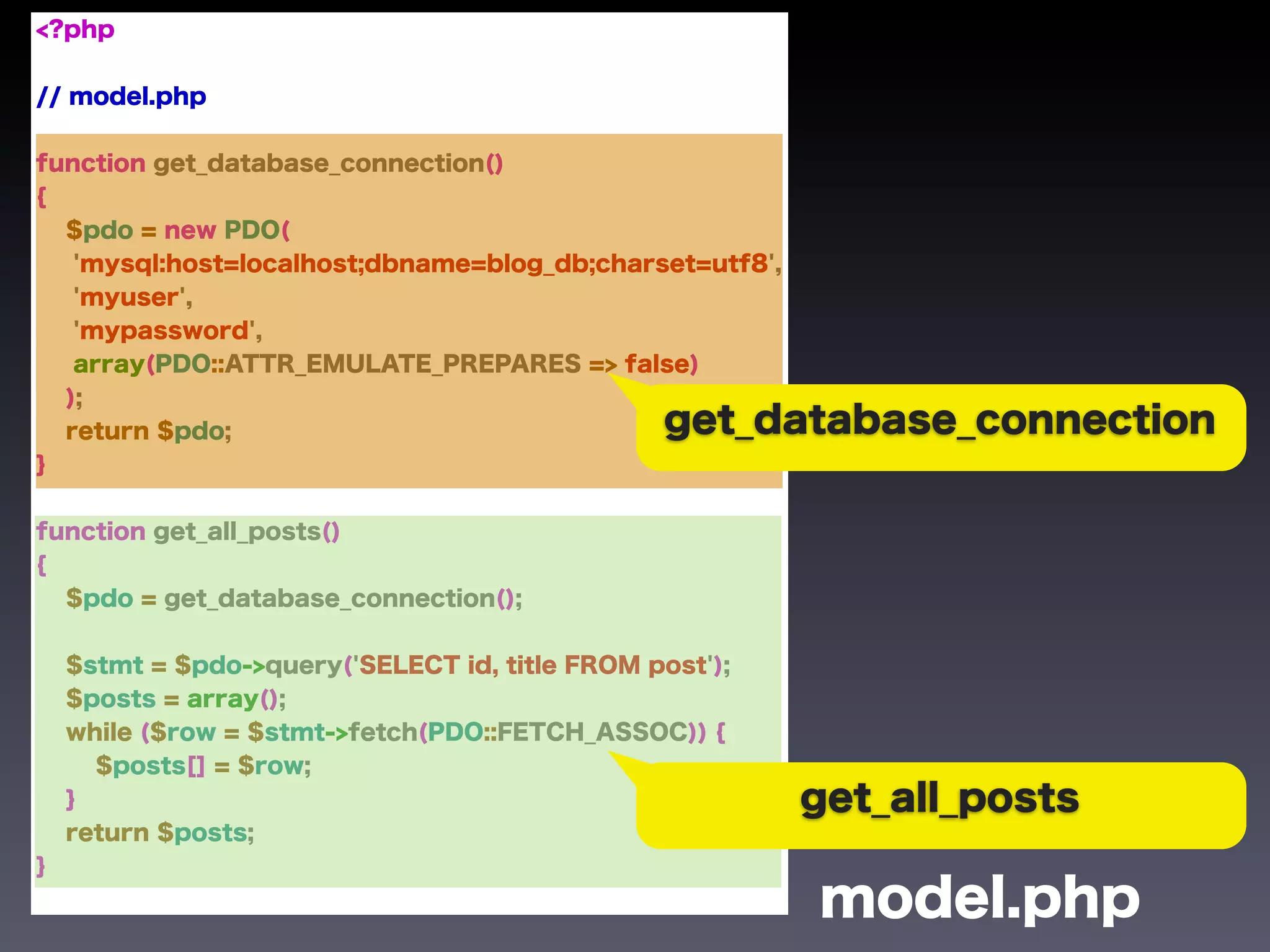 <?php


// model.php


function get_database_connection()
{
  $pdo = new PDO(
   'mysql:host=localhost;dbname=blog_db;charset=utf8',
   'myuser',
   'mypassword',
   array(PDO::ATTR_EMULATE_PREPARES => false)
  );
  return $pdo;                                   get_database_connection
}


function get_all_posts()
{
  $pdo = get_database_connection();


    $stmt = $pdo->query('SELECT id, title FROM post');
    $posts = array();
    while ($row = $stmt->fetch(PDO::FETCH_ASSOC)) {
      $posts[] = $row;
    }                                                    get_all_posts
    return $posts;
}
                                                         model.php
 