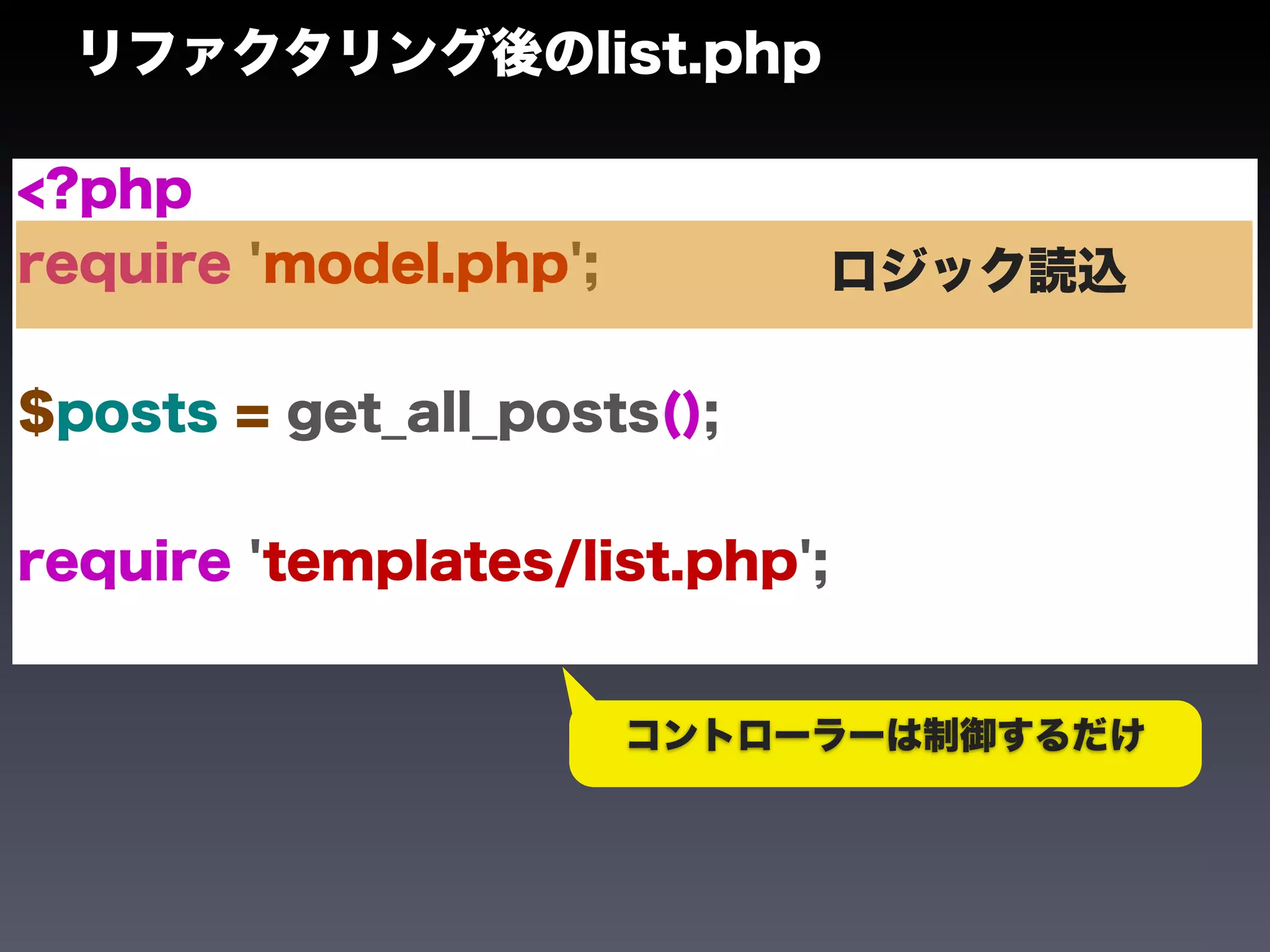 リファクタリング後のlist.php

<?php
require 'model.php';            ロジック読込

$posts = get_all_posts();


require 'templates/list.php';


                       コントローラーは制御するだけ
 