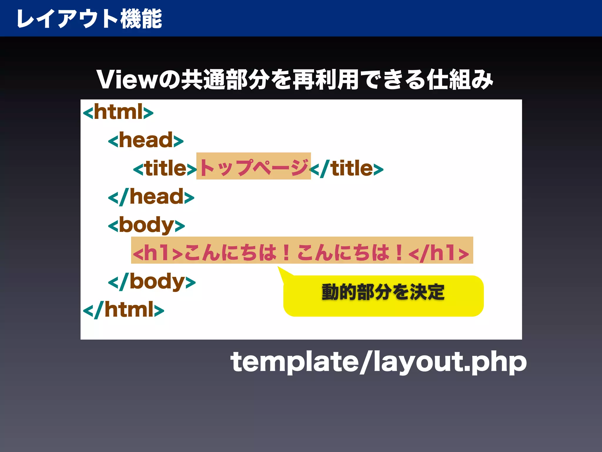 レイアウト機能

   Viewの共通部分を再利用できる仕組み
   <html>
     <head>
       <title>トップページ</title>
     </head>
     <body>
       <h1>こんにちは！こんにちは！</h1>
     </body>
                     動的部分を決定
   </html>

            template/layout.php
 