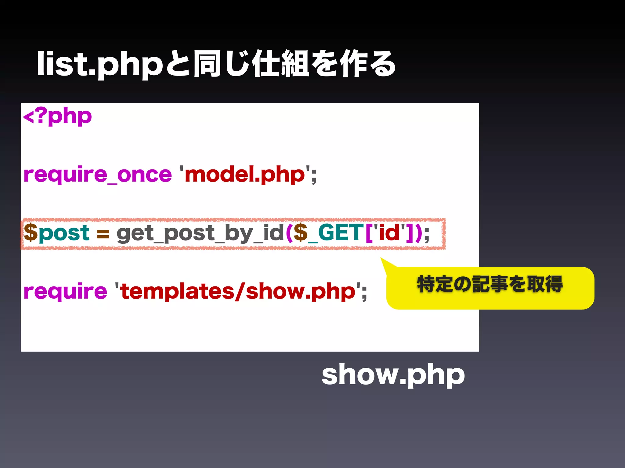 list.phpと同じ仕組を作る
<?php


require_once 'model.php';


$post = get_post_by_id($_GET['id']);


require 'templates/show.php';     特定の記事を取得




                            show.php
 