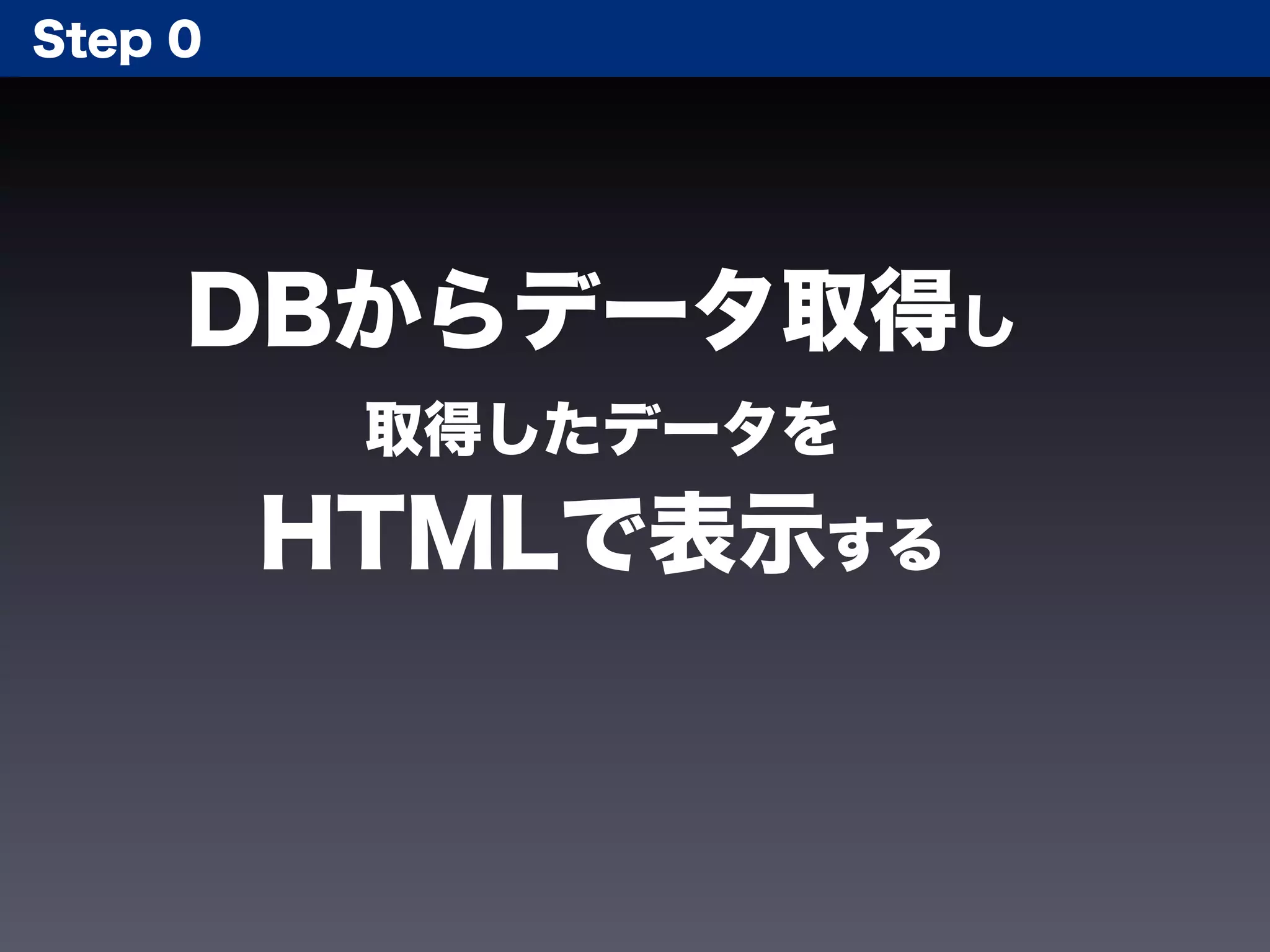 Step 0




     DBからデータ取得し
          取得したデータを
         HTMLで表示する
 