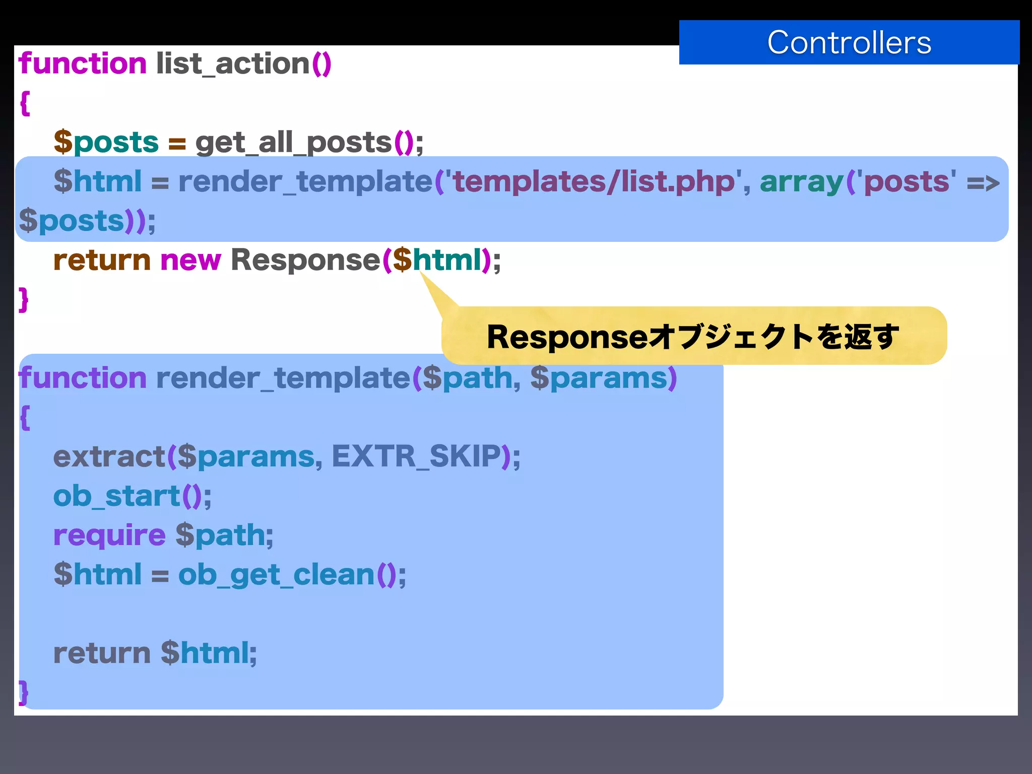 Controllers
function list_action()
{
  $posts = get_all_posts();
  $html = render_template('templates/list.php', array('posts' =>
$posts));
  return new Response($html);
}
                              Responseオブジェクトを返す
function render_template($path, $params)
{
  extract($params, EXTR_SKIP);
  ob_start();
  require $path;
  $html = ob_get_clean();


    return $html;
}
 