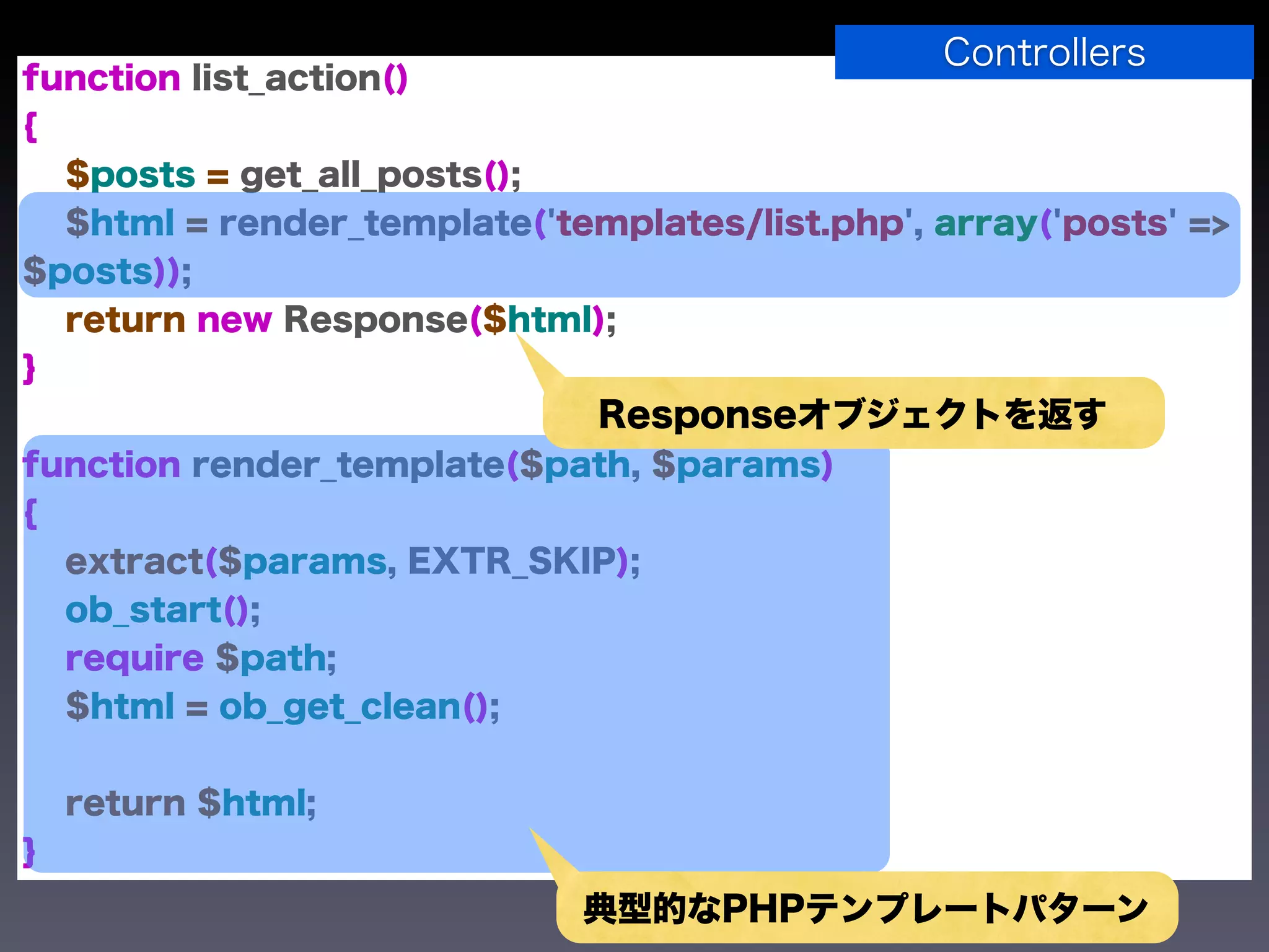 Controllers
function list_action()
{
  $posts = get_all_posts();
  $html = render_template('templates/list.php', array('posts' =>
$posts));
  return new Response($html);
}
                              Responseオブジェクトを返す
function render_template($path, $params)
{
  extract($params, EXTR_SKIP);
  ob_start();
  require $path;
  $html = ob_get_clean();


    return $html;
}
                             典型的なPHPテンプレートパターン
 