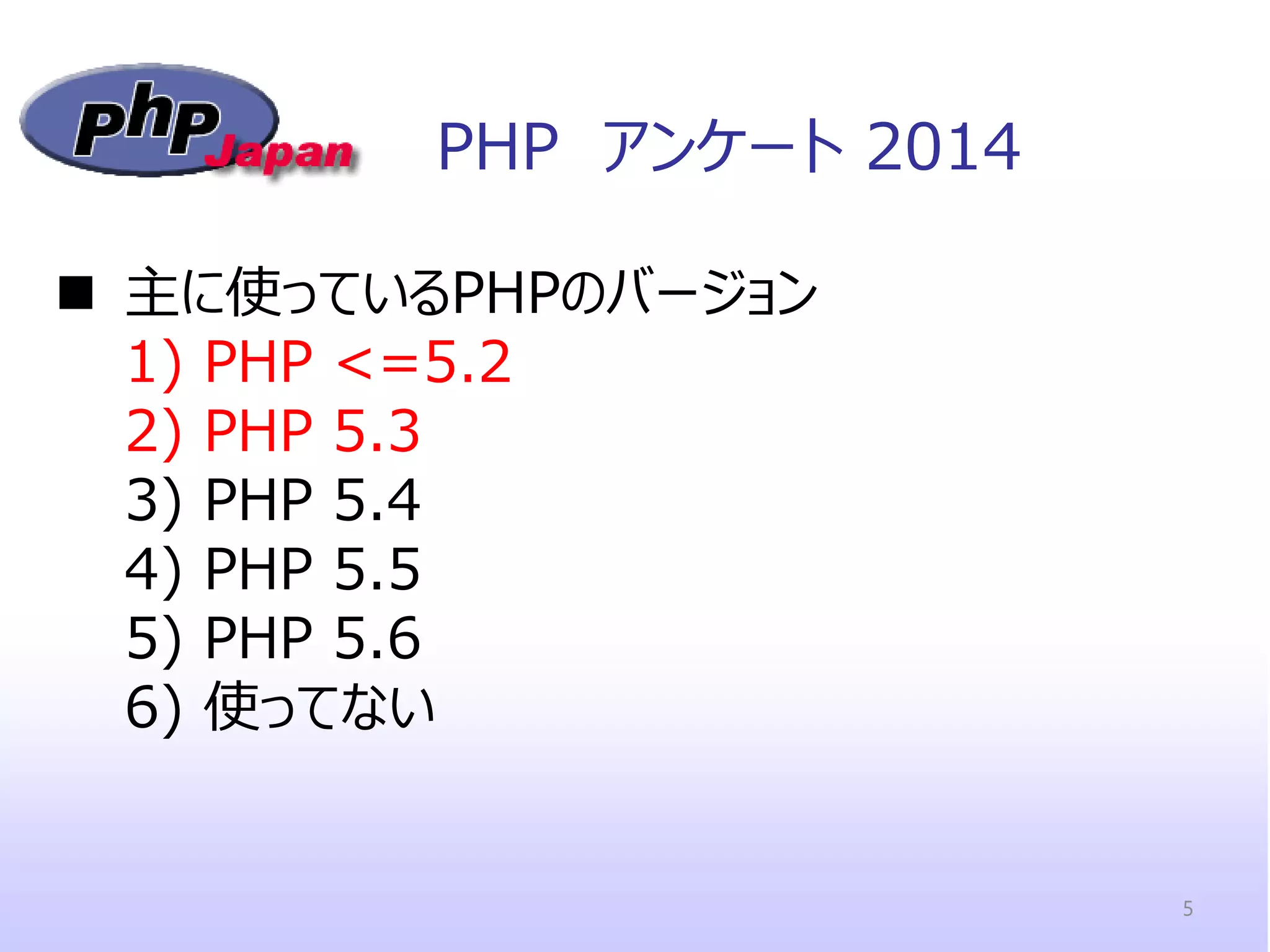 PHP アンケート 2014 
主に使っているPHPのバージョン 1) PHP <=5.2 2) PHP 5.3 3) PHP 5.4 4) PHP 5.5 5) PHP 5.6 6) 使ってない 
5  