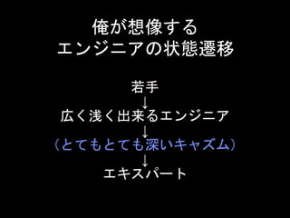 俺が想像する 
エンジニアの状態遷移 
若手 
↓ 
広く浅く出来るエンジニア 
↓ 
（とてもとても深いキャズム） 
↓ 
エキスパート 
 