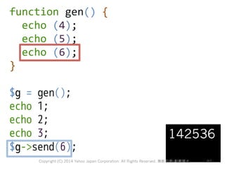 function 
gen() 
{ 
echo 
(4); 
echo 
(5); 
echo 
(6); 
} 
$g = gen(); 
echo 1; 
echo 2; 
echo 3; 
$g-send(6); 
142536 
Co...