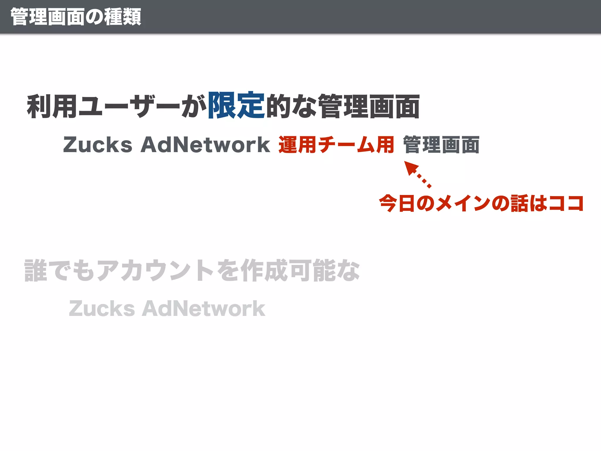 今日のメインの話はココ
利用ユーザーが限定的な管理画面
誰でもアカウントを作成可能な
Zucks AdNetwork
Zucks AdNetwork 運用チーム用 管理画面
管理画面の種類
 