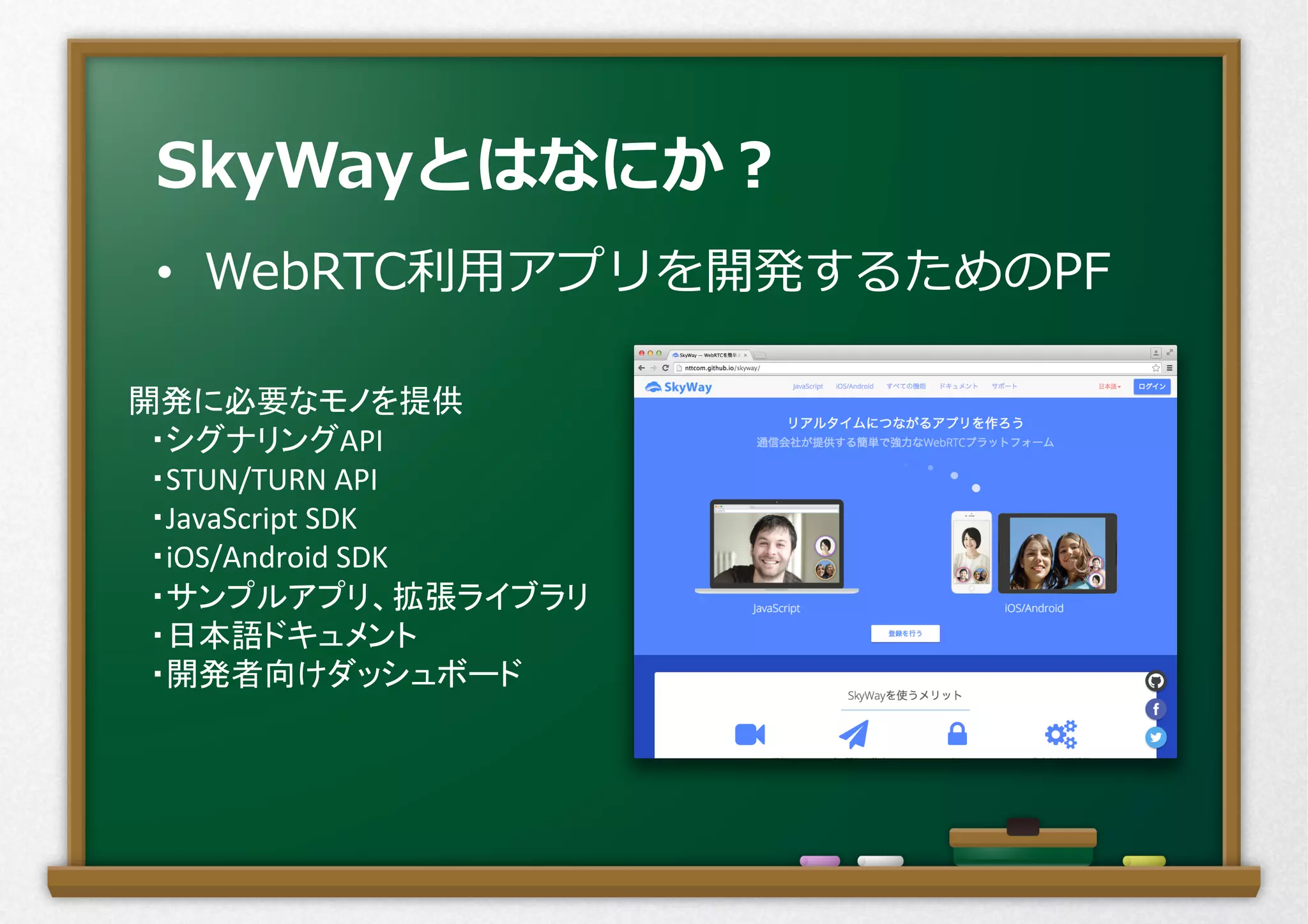 •  WebRTC利利⽤用アプリを開発するためのPF
SkyWayとはなにか？
開発に必要なモノを提供	
  
　・シグナリングAPI	
  
　・STUN/TURN	
  API	
  
　・JavaScript	
  SDK	
  
　・iOS/Android	
  SDK	
  
　・サンプルアプリ、拡張ライブラリ	
  
　・日本語ドキュメント	
  
　・開発者向けダッシュボード	
  
 