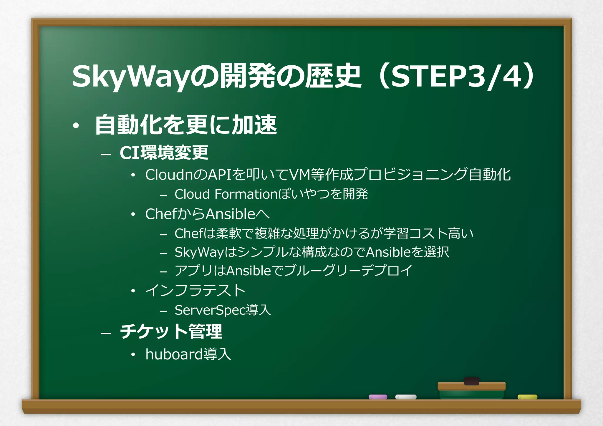 •  ⾃自動化を更更に加速
–  CI環境変更更
•  CloudnのAPIを叩いてVM等作成プロビジョニング⾃自動化
–  Cloud  Formationぽいやつを開発
•  ChefからAnsibleへ
–  Chefは柔軟で複雑な処理理がかけるが学習コスト⾼高い
–  SkyWayはシンプルな構成なのでAnsibleを選択
–  アプリはAnsibleでブルーグリーデプロイ
•  インフラテスト
–  ServerSpec導⼊入
–  チケット管理理
•  huboard導⼊入
SkyWayの開発の歴史（STEP3/4）
 