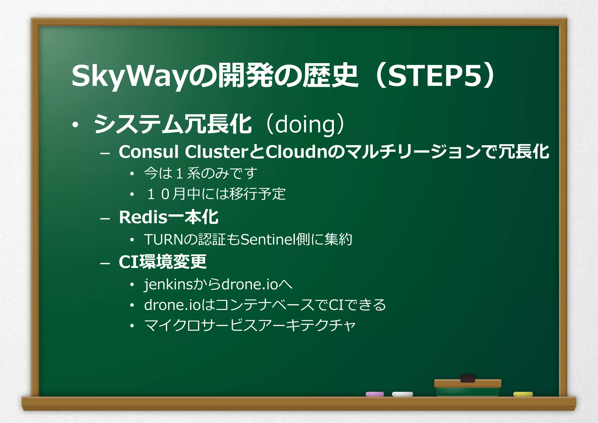 •  システム冗⻑⾧長化（doing）
–  Consul  ClusterとCloudnのマルチリージョンで冗⻑⾧長化
•  今は１系のみです
•  １０⽉月中には移⾏行行予定
–  Redis⼀一本化
•  TURNの認証もSentinel側に集約
–  CI環境変更更
•  jenkinsからdrone.ioへ
•  drone.ioはコンテナベースでCIできる
•  マイクロサービスアーキテクチャ
SkyWayの開発の歴史（STEP5）
 