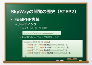 •  FuelPHP実装
–  ルーティング
•  コント­−ローラー名を隠す
•  RestAPIのルーティングもスマートに
SkyWayの開発の歴史（STEP2）
	
  ’xxxxxxxxx'	
  =>	
  'main/xxxxxxx...