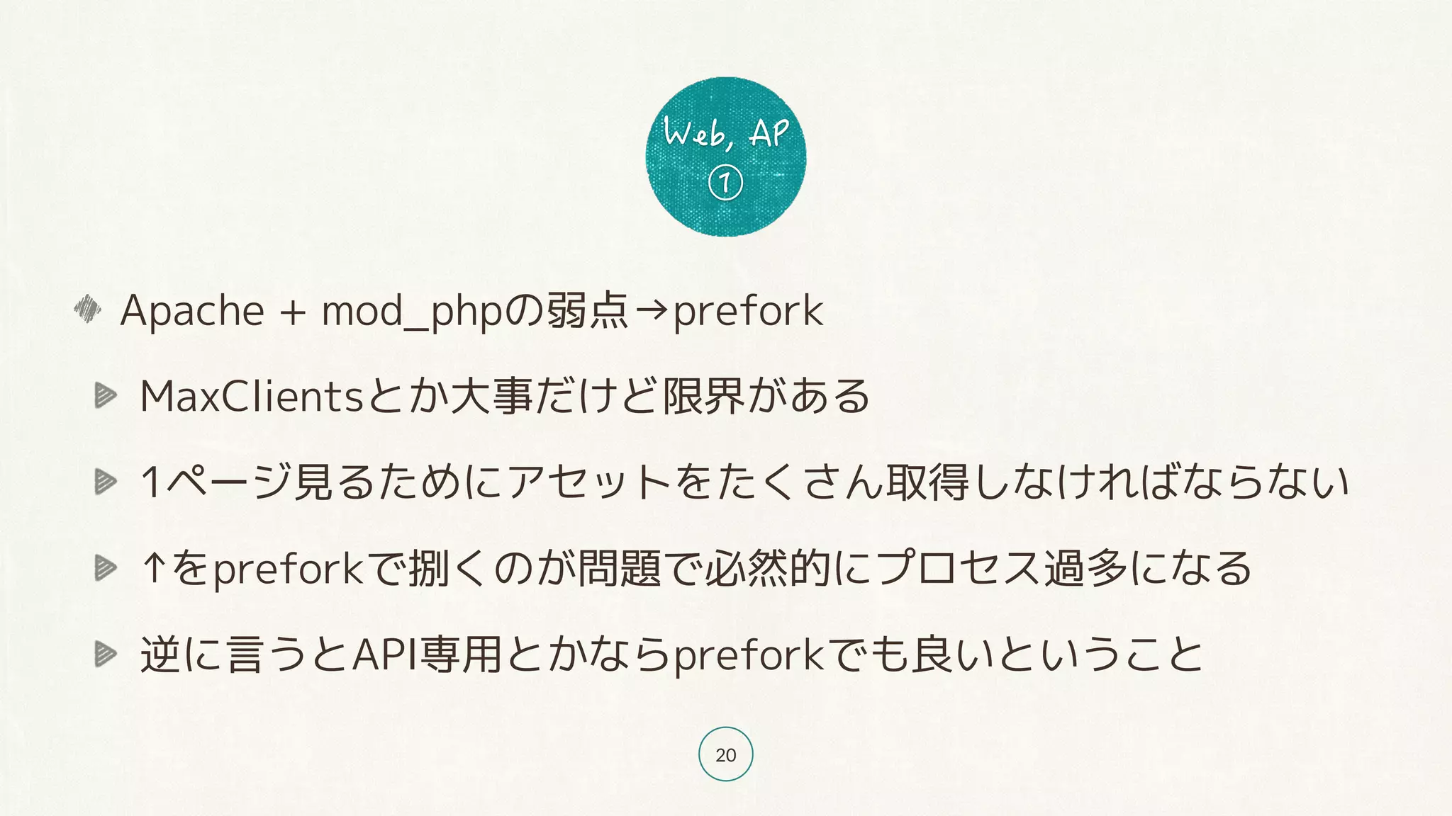 20
Apache + mod_phpの弱点→prefork
MaxClientsとか大事だけど限界がある
1ページ見るためにアセットをたくさん取得しなければならない
↑をpreforkで捌くのが問題で必然的にプロセス過多になる
逆に言うとAPI専用とかならpreforkでも良いということ
 