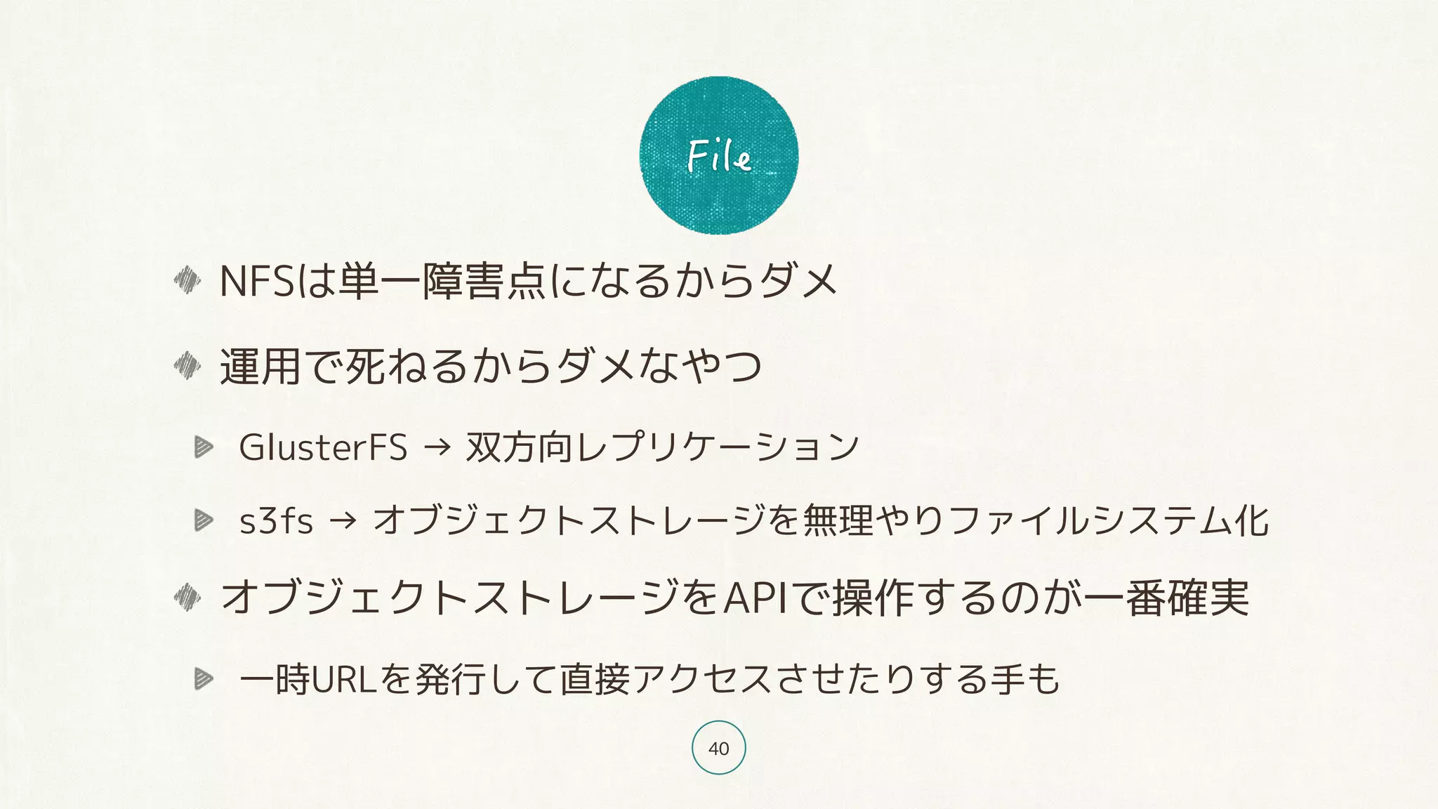 40
NFSは単一障害点になるからダメ
運用で死ねるからダメなやつ
GlusterFS → 双方向レプリケーション
s3fs → オブジェクトストレージを無理やりファイルシステム化
オブジェクトストレージをAPIで操作するのが一番確実
一時URLを発行して直接アクセスさせたりする手も
 