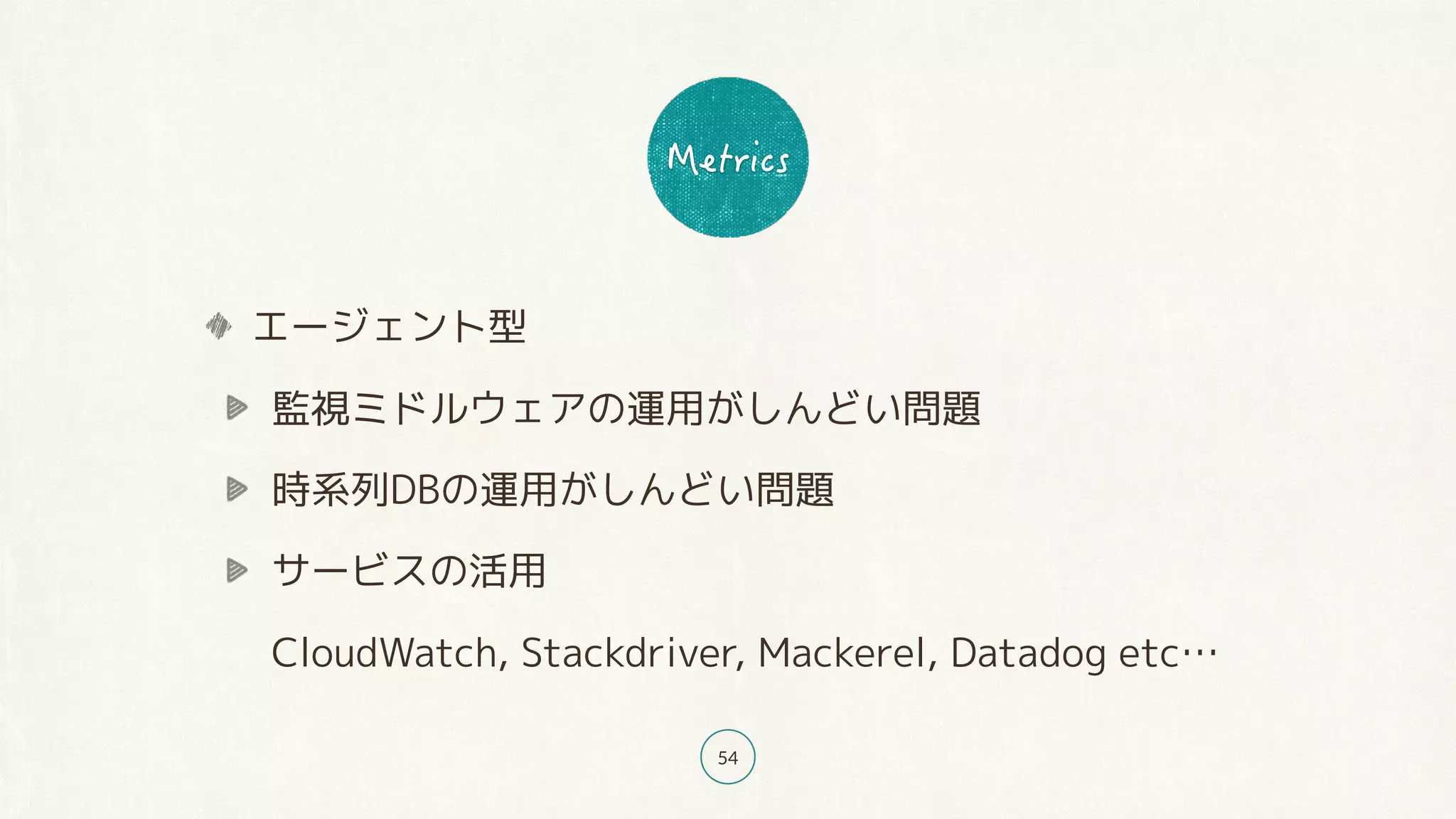 54
エージェント型
監視ミドルウェアの運用がしんどい問題
時系列DBの運用がしんどい問題
サービスの活用 
CloudWatch, Stackdriver, Mackerel, Datadog etc…
 