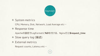 8
System metrics 
CPU, Memory, Disk, Network, Load Average etc…
Response time 
Apacheの設定でLogFormatに%Dを付ける、Nginxだと$request_...