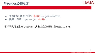 Copyright © LIMIA, Inc. All Rights Reserved.
● リクエスト単位 PHP: static → go: context
● 長期: PHP: apc → go: static
すぐ消えると思ってstaticに入れたらOOMになった。。。orz
キャッシュの持ち方
26
 