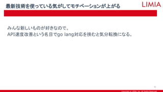 Copyright © LIMIA, Inc. All Rights Reserved.
みんな新しいものが好きなので。
API速度改善という名目でgo lang対応を挟むと気分転換になる。
最新技術を使っている気がしてモチベーションが上がる
32
 