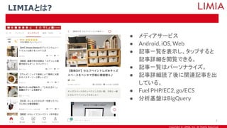 Copyright © LIMIA, Inc. All Rights Reserved.
LIMIAとは?
7
● メディアサービス
● Android, iOS, Web
● 記事一覧を表示し、タップすると
記事詳細を閲覧できる。
● 記事一覧はパーソナライズ。
● 記事詳細読了後に関連記事を出
している。
● Fuel PHP/EC2, go/ECS
● 分析基盤はBigQuery
 