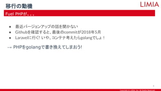 Copyright © LIMIA, Inc. All Rights Reserved.
● 最近バージョンアップの話を聞かない
● Githubを確認すると、最後のcommitが2018年5月
● Laravelに行く? いや、コンテナ考えたらgolangでしょ！
→ PHPをgolangで書き換えてしまおう!
移行の動機
Fuel PHPが。。。
9
 