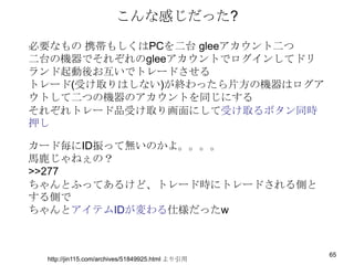 こんな感じだった?

必要なもの 携帯もしくはPCを二台 gleeアカウント二つ
二台の機器でそれぞれのgleeアカウントでログインしてドリ
ランド起動後お互いでトレードさせる
トレード(受け取りはしない)が終わったら片方の機器はログア
ウトして二つの機器のアカウントを同じにする
それぞれトレード品受け取り画面にして受け取るボタン同時
押し

カード毎にID振って無いのかよ。。。。
馬鹿じゃねぇの？
>>277
ちゃんとふってあるけど、トレード時にトレードされる側と
する側で
ちゃんとアイテムIDが変わる仕様だったw



                                                 65
 http://jin115.com/archives/51849925.html より引用
 