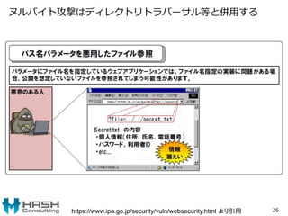 ヌルバイト攻撃はディレクトリトラバーサル等と併用する
26https://www.ipa.go.jp/security/vuln/websecurity.html より引用
 