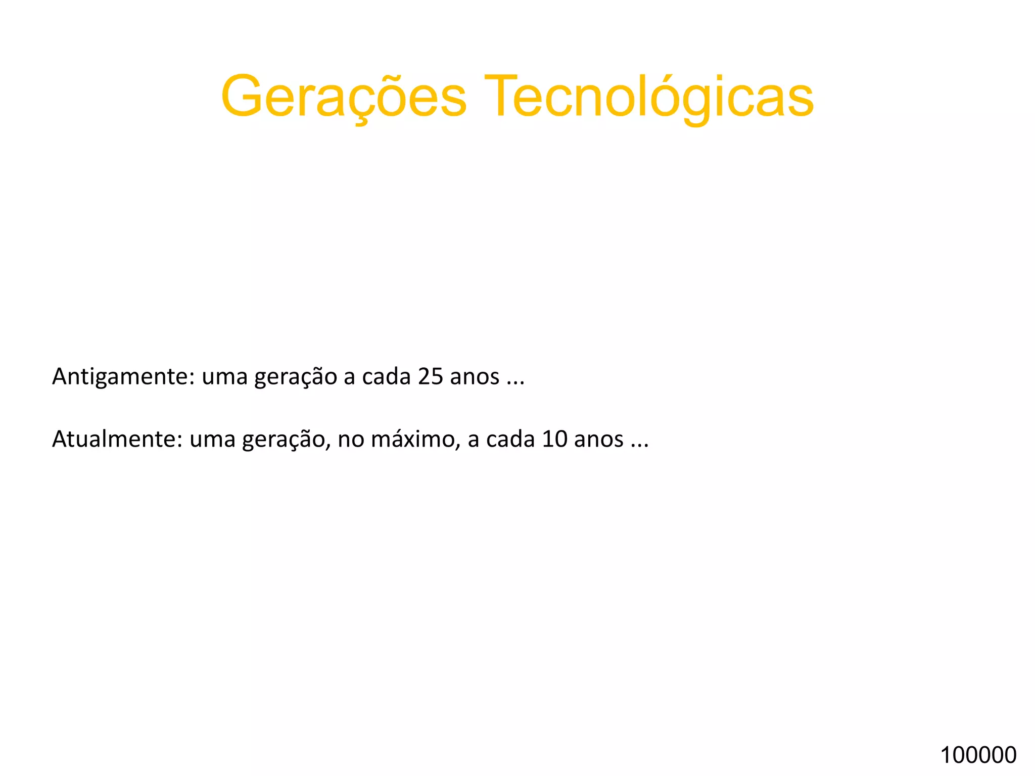 Quatro Ondas da Tecnologia
Yotta byte
- Computador com HD de 1Tb;
- Cluster ligando 1024 hack;
- Cada hack com 1024 computadores (com 1 HD de 1 Tb);
------------------------------------------------------------------------------
Capacidade total de 1 Eb (Exa byte)
1.048.576 (1024 x 1024 ou 2^20) Data Center como esse dariam um total de 1 Yb (Yotta
byte)
OBS: todo o conhecimento humano produzido até agora não ocupa 1 Yb ...
100000
 