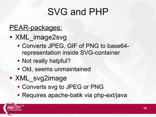 19
SVG and PHP
PEAR-packages:
 XML_image2svg
 Converts JPEG, GIF of PNG to base64-
representation inside SVG-container
 Not really helpful?
 Old, seems unmaintained
 XML_svg2image
 Converts svg to JPEG or PNG
 Requires apache-batik via php-ext/java
 
