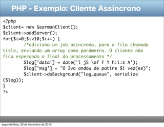 PHP - Exemplo: Cliente Assíncrono
<?php
$client= new GearmanClient();
$client->addServer();
for($i=0;$i<10;$i++) {
        /*adiciona um job asíncrono, para a fila chamada
title, enviando um array como parâmetro. O cliente não
fica esperando o final do processamento */
        $log['data'] = date('l jS of F Y h:i:s A');
        $log['msg'] = "O Ivo andou de patins $i vez(es)";
        $client->doBackground("log_queue", serialize
($log));
}
?>




segunda-feira, 29 de novembro de 2010
 