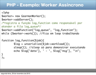 PHP - Exemplo: Worker Assíncrono
<?php
$worker= new GearmanWorker();
$worker->addServer();
/*registra a função log_function como responsável por
atender a fila log_queue*/
$worker->addFunction("log_queue", "log_function");
while ($worker->work()); //fica em loop trabalhando
   
function log_function($job){
        $log = unserialize($job->workload());
        sleep(1); //sleep só para demonstrar executando
        echo $log['data'], ' - ', $log['msg'], "n";
}
?>




segunda-feira, 29 de novembro de 2010
 