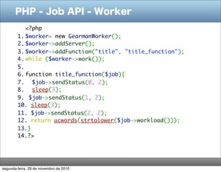 PHP - Job API - Worker
           <?php
        1. $worker= new GearmanWorker();
        2. $worker->addServer();
        3. $worker->addFunction("title", "title_function");
        4. while ($worker->work());
        5.    
        6. function title_function($job){
        7. $job->sendStatus(0, 2);
        8. sleep(3);
        9. $job->sendStatus(1, 2);
        10. sleep(3);
        11. $job->sendStatus(2, 2);
        12. return ucwords(strtolower($job->workload()));
        13.}
        14.?>




segunda-feira, 29 de novembro de 2010
 