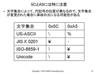 5CとA5には特に注意
• 文字集合によって、円記号の位置が異なるので、文字集合
  が変更された場合に事故の元になる可能性がある




         Copyright © 2010 HASH Consulting Corp.   12
 