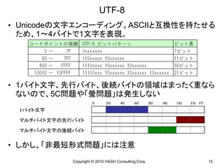 UTF-8
• Unicodeの文字エンコーディング。ASCIIと互換性を持たせる
  ため、1～4バイトで1文字を表現。




• 1バイト文字、先行バイト、後続バイトの領域はまったく重なら
  ないので、5C問題や「螢問題」は発生しない




• しかし、「非最短形式問題」には注意
          Copyright © 2010 HASH Consulting Corp.   15
 