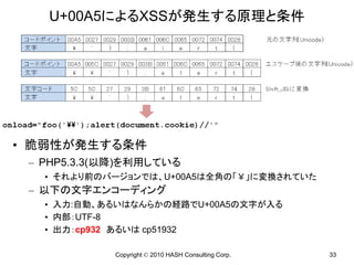 U+00A5によるXSSが発生する原理と条件




• 脆弱性が発生する条件
 – PHP5.3.3(以降)を利用している
   • それより前のバージョンでは、U+00A5は全角の「￥」に変換されていた
 – 以下の文字エンコーディング
   • 入力:自動、あるいはなんらかの経路でU+00A5の文字が入る
   • 内部：UTF-8
   • 出力：cp932 あるいは cp51932

            Copyright © 2010 HASH Consulting Corp.   33
 