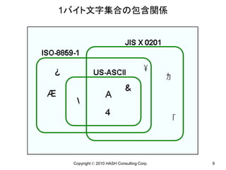 1バイト文字集合の包含関係




 Copyright © 2010 HASH Consulting Corp.   9
 