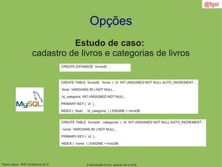 Flávio Lisboa - PHP Conference 2010
Opções
A reprodução é livre, apenas cite a fonte
@fgsl
Estudo de caso:
cadastro de livros e categorias de livros
CREATE TABLE `livrosdb`.`livros` ( `id` INT UNSIGNED NOT NULL AUTO_INCREMENT ,
`titulo` VARCHAR( 80 ) NOT NULL ,
`id_categoria` INT UNSIGNED NOT NULL ,
PRIMARY KEY ( `id` ) ,
INDEX ( `titulo` , `id_categoria` ) ) ENGINE = InnoDB
CREATE DATABASE `livrosdb` ;
CREATE TABLE `livrosdb`.`categorias` ( `id` INT UNSIGNED NOT NULL AUTO_INCREMENT ,
`nome` VARCHAR( 80 ) NOT NULL ,
PRIMARY KEY ( `id` ) ,
INDEX ( `nome` ) ) ENGINE = InnoDB
 