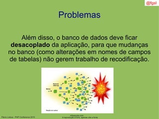 Flávio Lisboa - PHP Conference 2010
Problemas
Além disso, o banco de dados deve ficar
desacoplado da aplicação, para que mudanças
no banco (como alterações em nomes de campos
de tabelas) não gerem trabalho de recodificação.
infoescola.com
A reprodução é livre, apenas cite a fonte
@fgsl
 