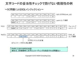 文字コードの妥当性チェックで防げない脆弱性の例
～5C問題によるSQLインジェクション～




   PHP5.3.5までのPDOの話
   現在は、DB接続時に文字エンコーディングを指定すれば問題ない

           Copyright © 2010 HASH Consulting Corp.   30
 