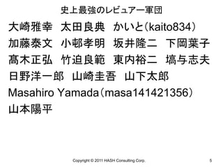 史上最強のレビュアー軍団
大崎雅幸 太田良典 かいと（kaito834）
加藤泰文 小邨孝明 坂井隆二 下岡葉子
髙木正弘 竹迫良範 東内裕二 塙与志夫
日野洋一郎 山崎圭吾 山下太郎
Masahiro Yamada（masa141421356）
山本陽平



         Copyright © 2011 HASH Consulting Corp.   5
 