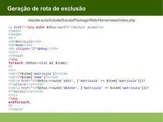 Geração de rota de exclusão
/escola-aura/include/Escola/Package/Web/Home/views/index.php
<a href="<?php echo $this->url?>">Incluir aluno</a>
<table>
<thead>
<tr>
<th>Matrícula</th>
<th>Nome</th>
<th colspan="2">&nbsp;</th>
</tr>
</thead>
<?php
foreach ($this->list as $item):
?>
<tr>
<td><?=$item['matricula']?></td>
<td><?=$item['nome']?></td>
<td><a href="<?=$this->route('edit', ['matricula' => $item['matricula']])?
>">alterar</a></td>
<td><a href="<?=$this->route('delete', ['matricula' => $item['matricula']])?
>">excluir</a></td>
</tr>
<?php
endforeach;
?>
</table>

 