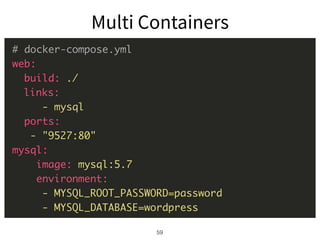 59
# create container(s)
$ docker-compose up -d
# start container(s)
$ docker-compose start
# stop container(s)
$ docker-compose stop
# remove container(s)
$ docker-compose rm
 