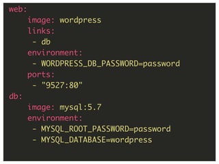 69
web:
image: wordpress
links:
- db
environment:
- WORDPRESS_DB_PASSWORD=password
ports:
- "9527:80"
db:
image: mysql:5.7...