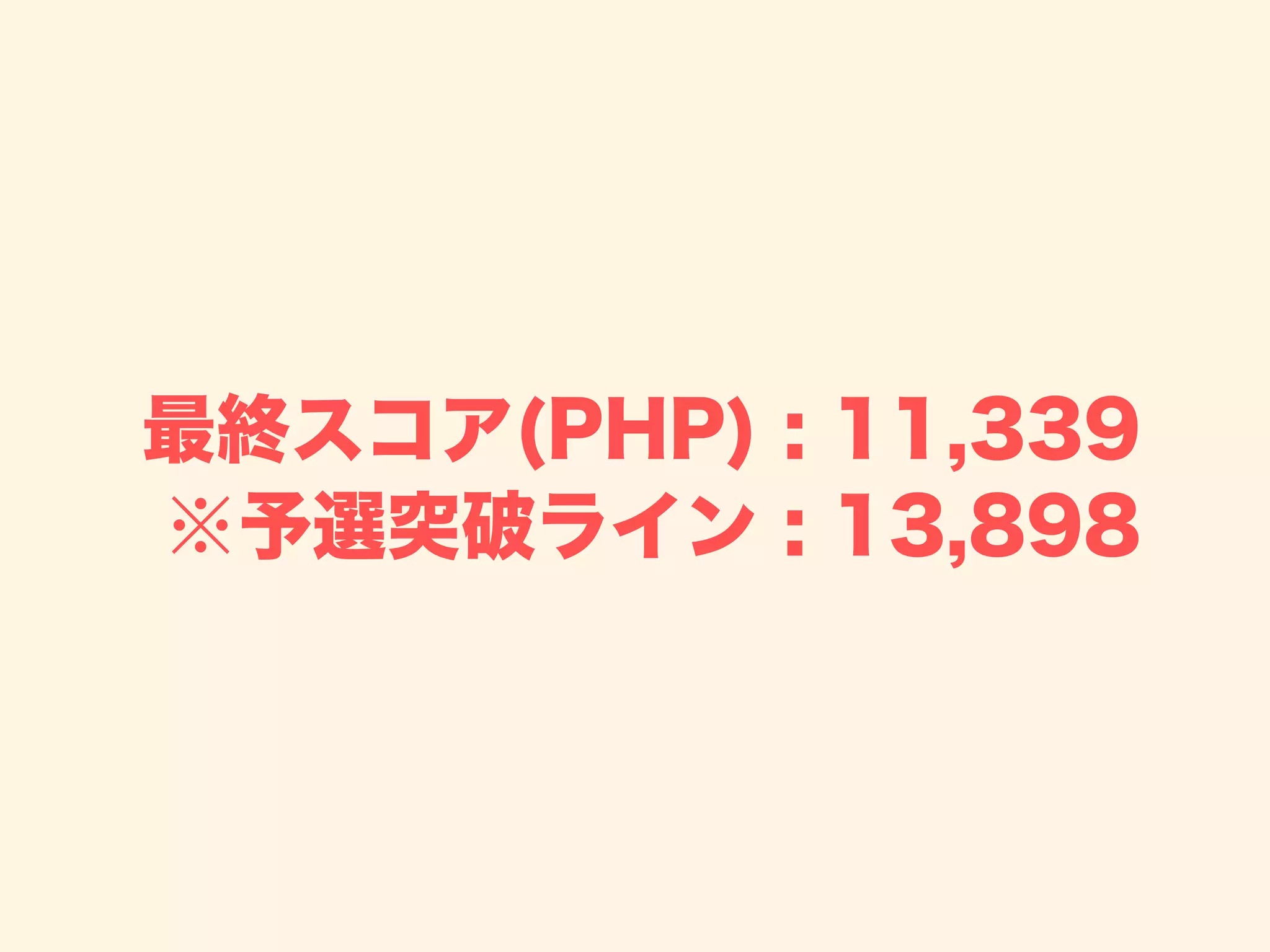 最終スコア(PHP) : 11,339
※予選突破ライン : 13,898
 