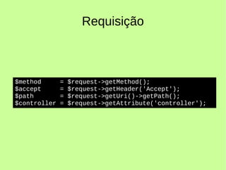 Requisição
$method = $request->getMethod();
$accept = $request->getHeader('Accept');
$path = $request->getUri()->getPath();
$controller = $request->getAttribute('controller');
 