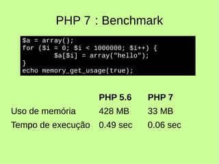 PHP 7 : Benchmark
PHP 5.6 PHP 7
Uso de memória 428 MB 33 MB
Tempo de execução 0.49 sec 0.06 sec
$a = array();
for ($i = 0; $i < 1000000; $i++) {
$a[$i] = array("hello");
}
echo memory_get_usage(true);
 