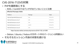 CVE-2016-7125の対策
• PHPを最新版にする
– RHEL / CentOSではパッチが出ていないことに注意
– Debian / Ubuntu / Fedora のサポート中のバージョンは問題ない
• そもそもセッション汚染の状態を避ける
Copyright © 2016 HASH Consulting Corp. 18
https://access.redhat.com/security/cve/cve-2016-7125 より引用
 
