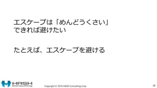 エスケープは「めんどうくさい」
できれば避けたい
たとえば、エスケープを避ける
Copyright © 2016 HASH Consulting Corp. 28
 