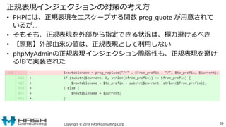 正規表現インジェクションの対策の考え方
• PHPには、正規表現をエスケープする関数 preg_quote が用意されて
いるが…
• そもそも、正規表現を外部から指定できる状況は、極力避けるべき
• 【原則】外部由来の値は、正規表現として利用しない
• phpMyAdminの正規表現インジェクション脆弱性も、正規表現を避け
る形で実装された
Copyright © 2016 HASH Consulting Corp. 38
 