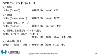 orderメソッドあれこれ
// 単純
order('name') ORDER BY `name` ASC
// 降順
order('name desc') ORDER BY `name` DESC
// 識別子のエスケープ
order('na`me') ORDER BY `na``me` ASC
// 配列による複数ソートキー指定
order(array('name', 'id'))
ORDER BY `name` ASC, `id` ASC
// 式も書けるよ
order('(name + id)') ORDER BY (name + id) ASC
Copyright © 2008-2015 HASH Consulting Corp. 43
 