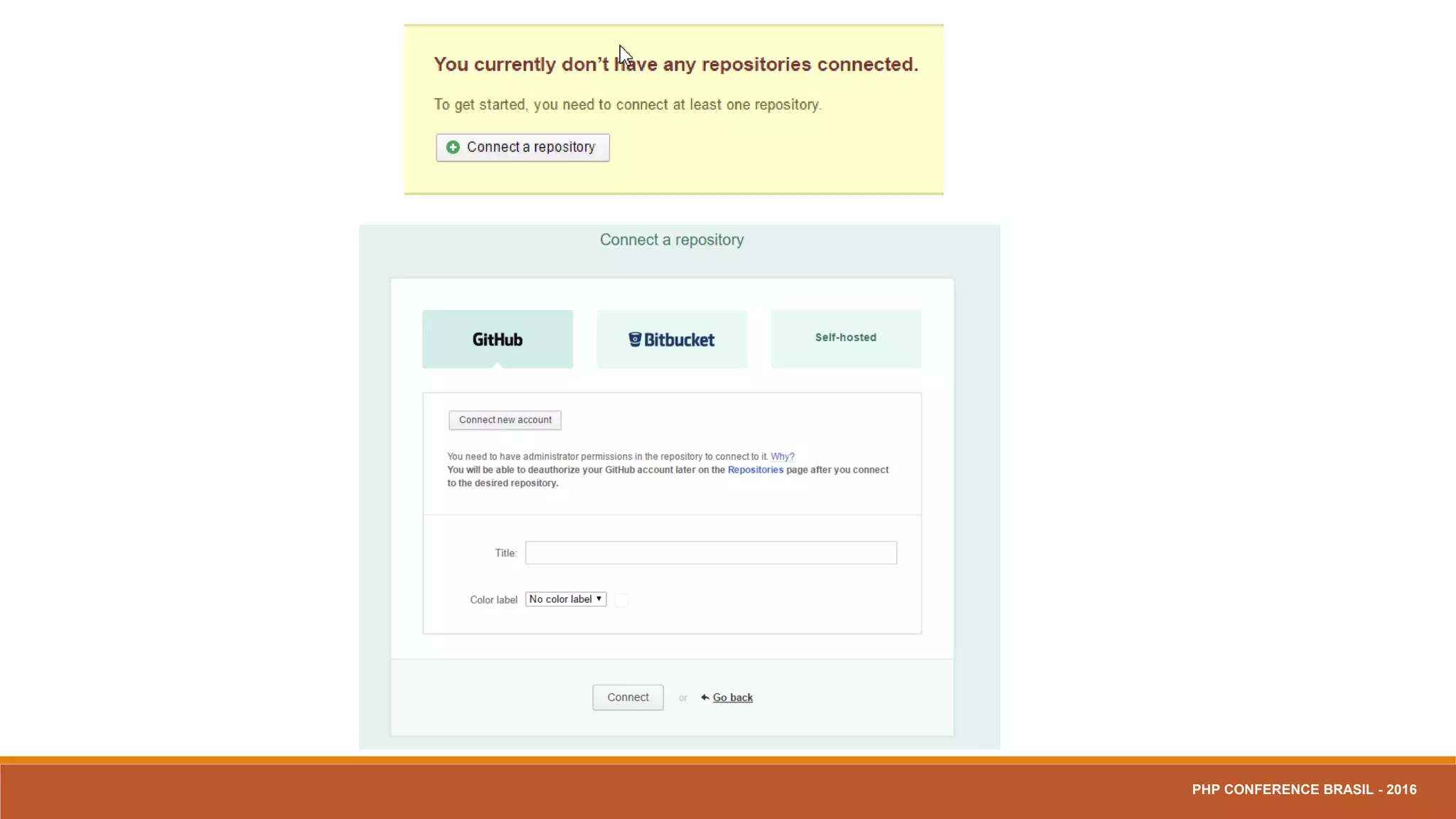 1 – Criar o VPS em sua hosting de preferência.
2 – Acessar sua VPS com o PuTTY.
3 – Instalar os Servidores/Serviços com EasyEngine
$ sudo wget -qO ac git.io/v1aNA && sudo bash ac
4 – Instalar a aplicação.
$ ee site create agiuscloud.com --mysql (--hhvm ou –php7)
5 – Fazer o primeiro deploy.
PHP CONFERENCE BRASIL - 2016
 