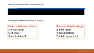 Acessar o GitBash (terminal) como Administrador:
Criar as pastas da Máquina Virtual e de trabalho.
Pasta da Máquina Virtual
$ mkdir server
$ cd server
$ mkdir debian8
Pasta de Trabalho (App)
$ mkdir Jobs
$ cd agiuscloud
$ mkdir agiuscloud
PHP CONFERENCE BRASIL - 2016
 